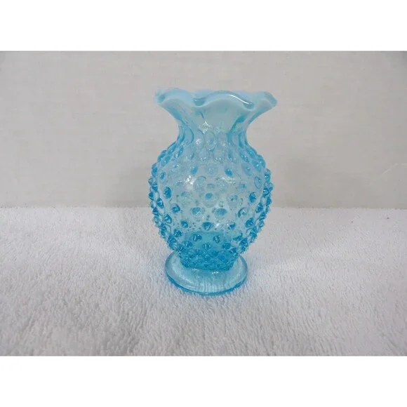 Fenton Vase Hobnail Aqua Blue Opalescent Glass Bud Small 3.5” Ruffle Edge Set 2 - Picture 12 of 16